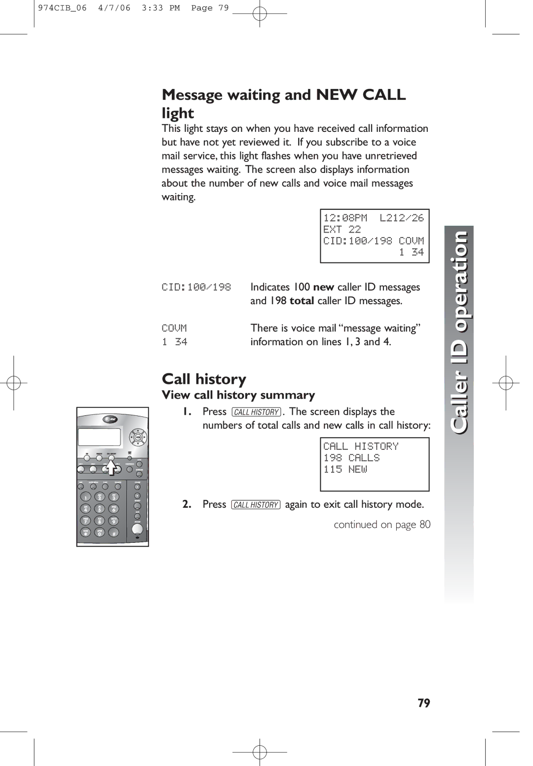 AT&T 974 user manual Message waiting and NEW Call light, Call history, View call history summary 