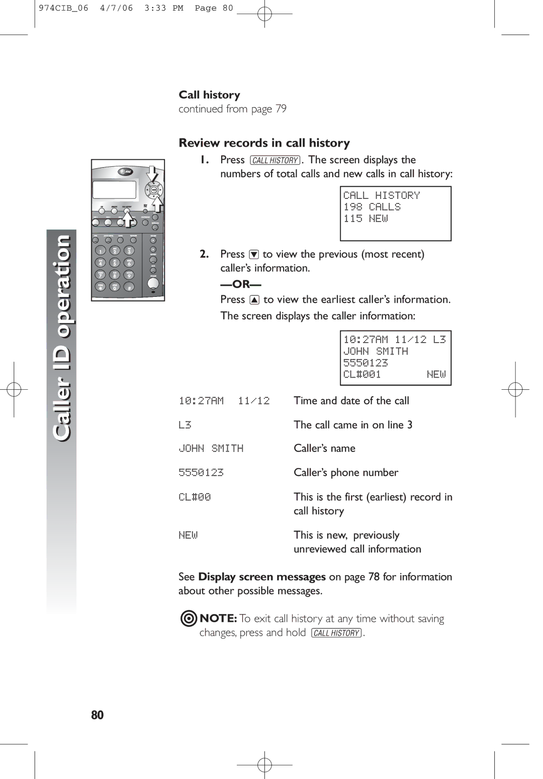 AT&T 974 user manual Review records in call history, Call history 