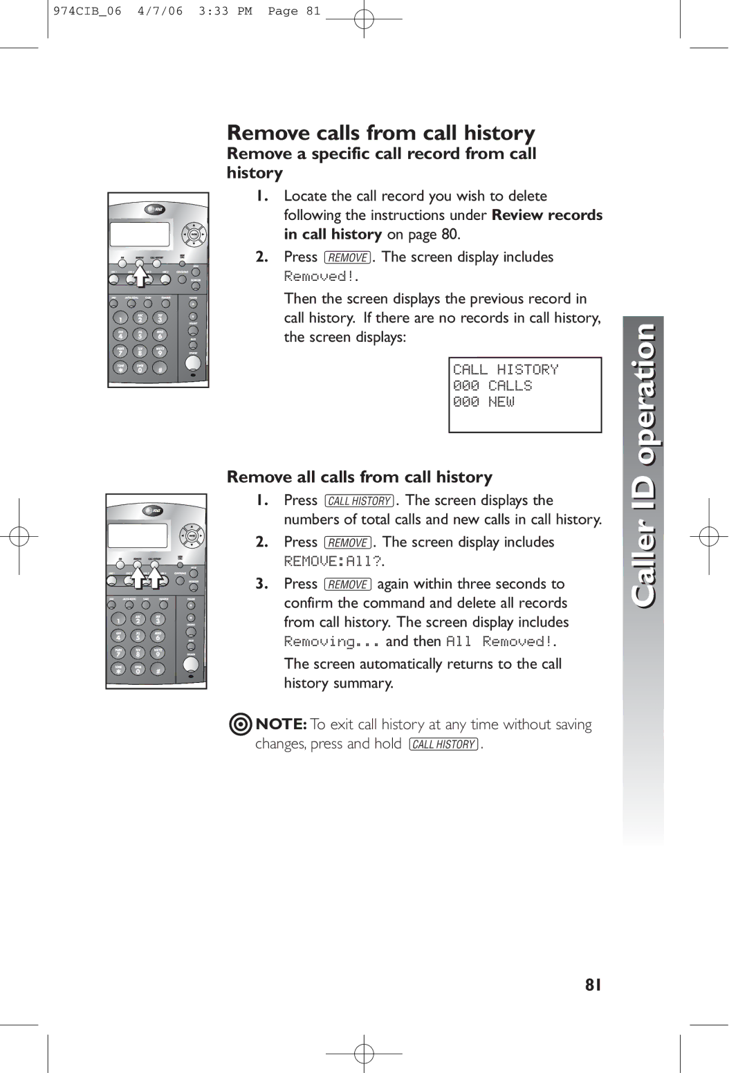 AT&T 974 user manual Remove calls from call history, Remove a specific call record from call, History, Call history on 