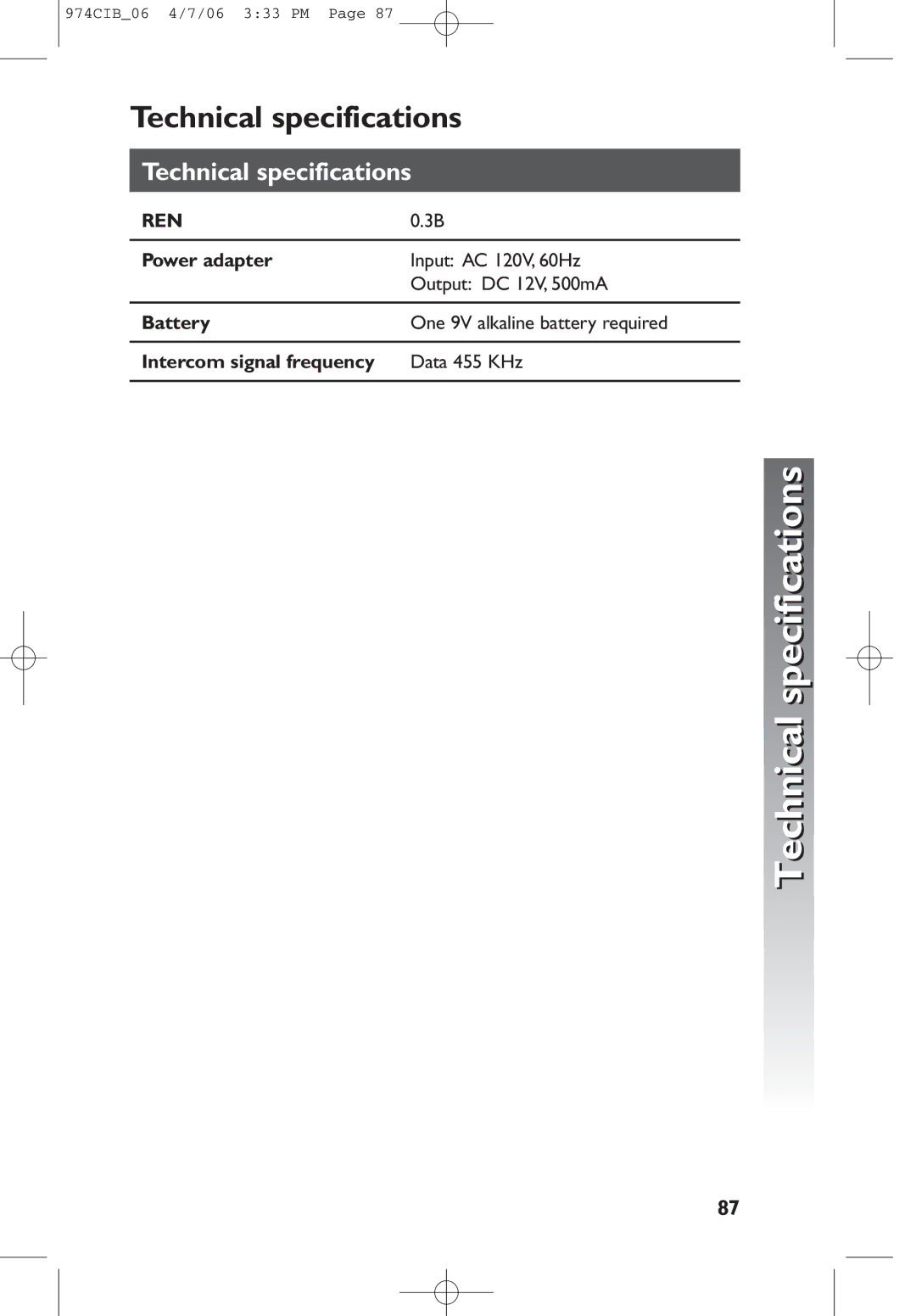 AT&T 974 user manual Technical specifications, Power adapter, Battery, Intercom signal frequency 