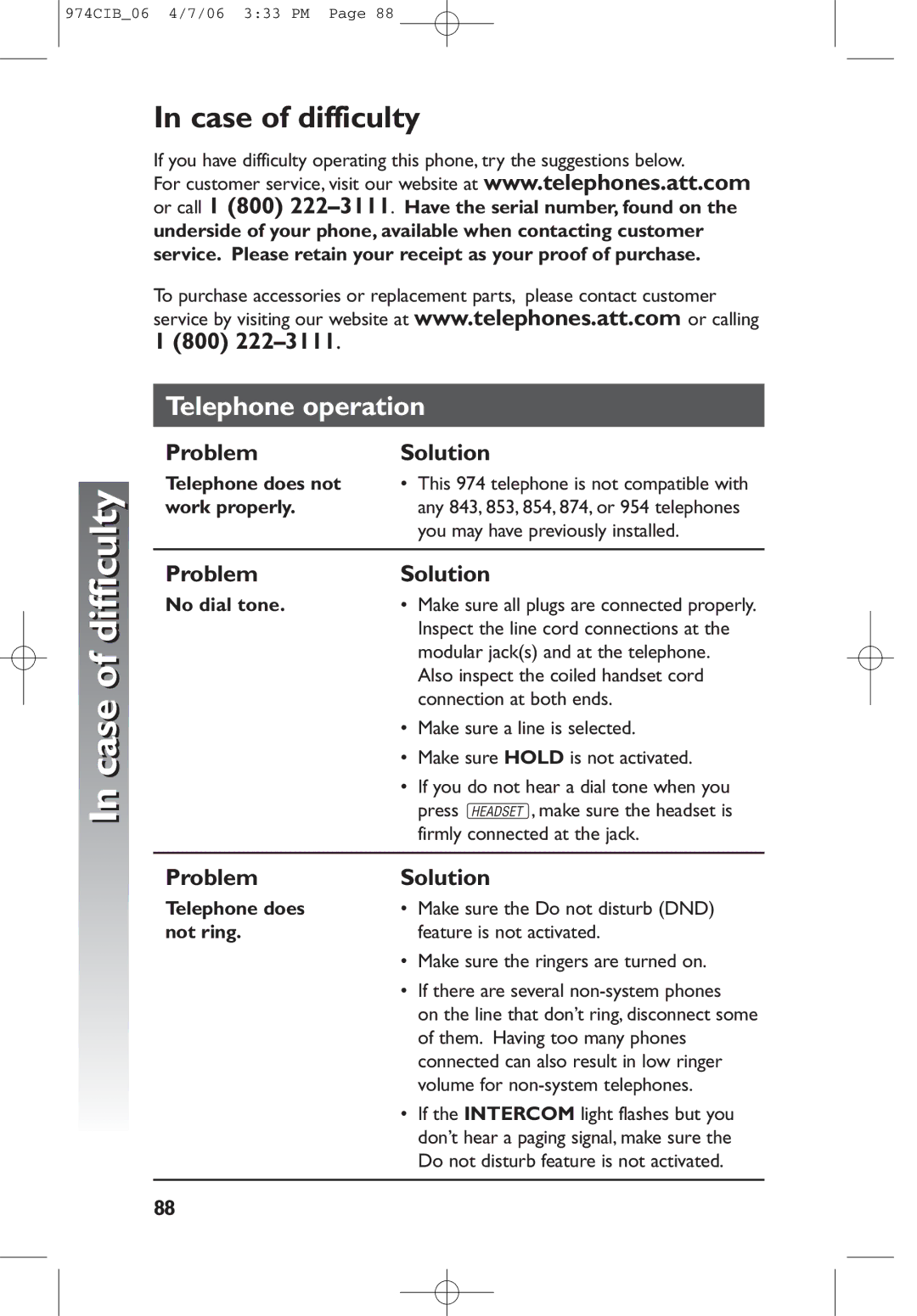 AT&T 974 user manual Case of difficulty 