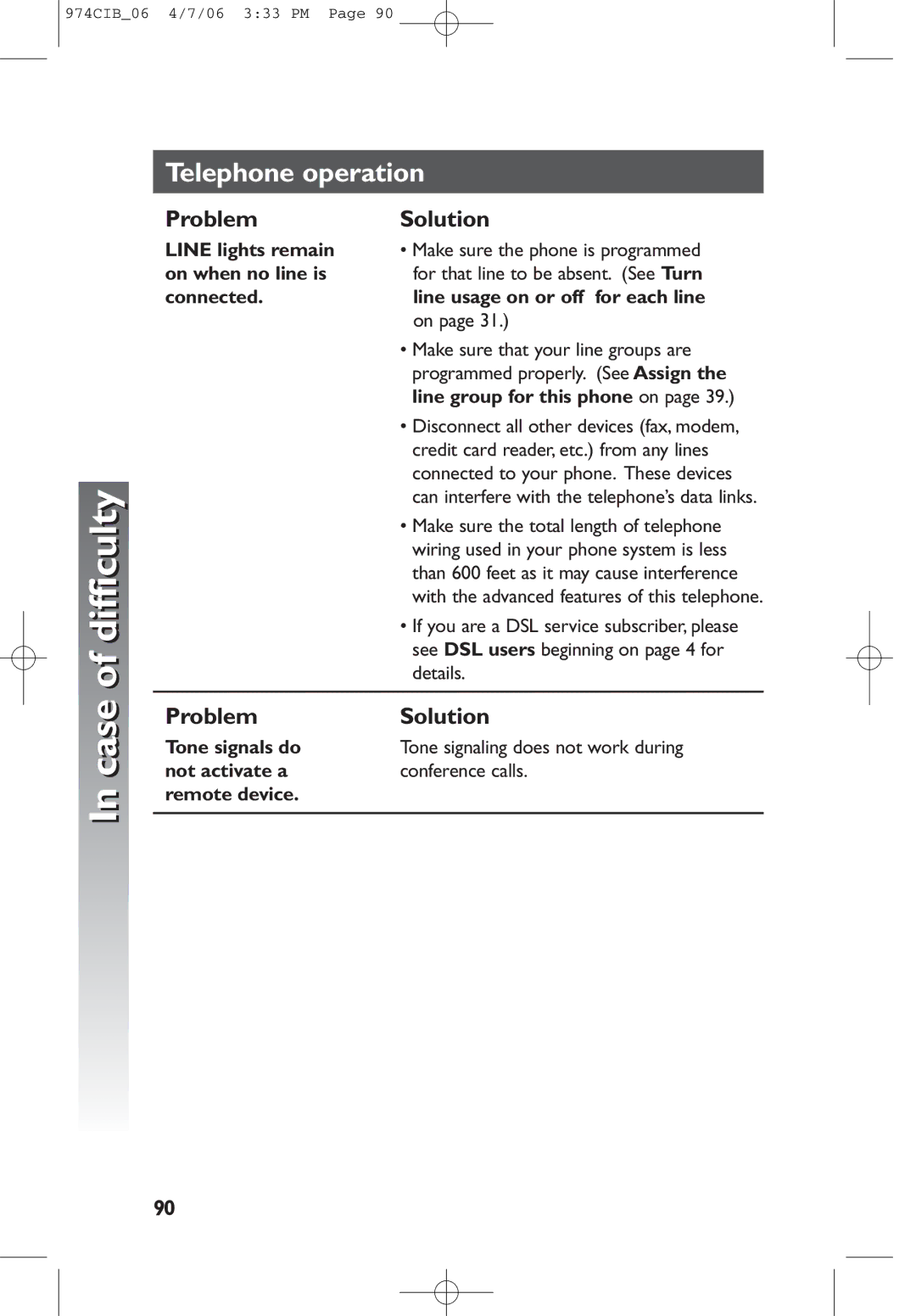 AT&T 974 user manual Line lights remain, On when no line is, Connected Line usage on or off for each line 