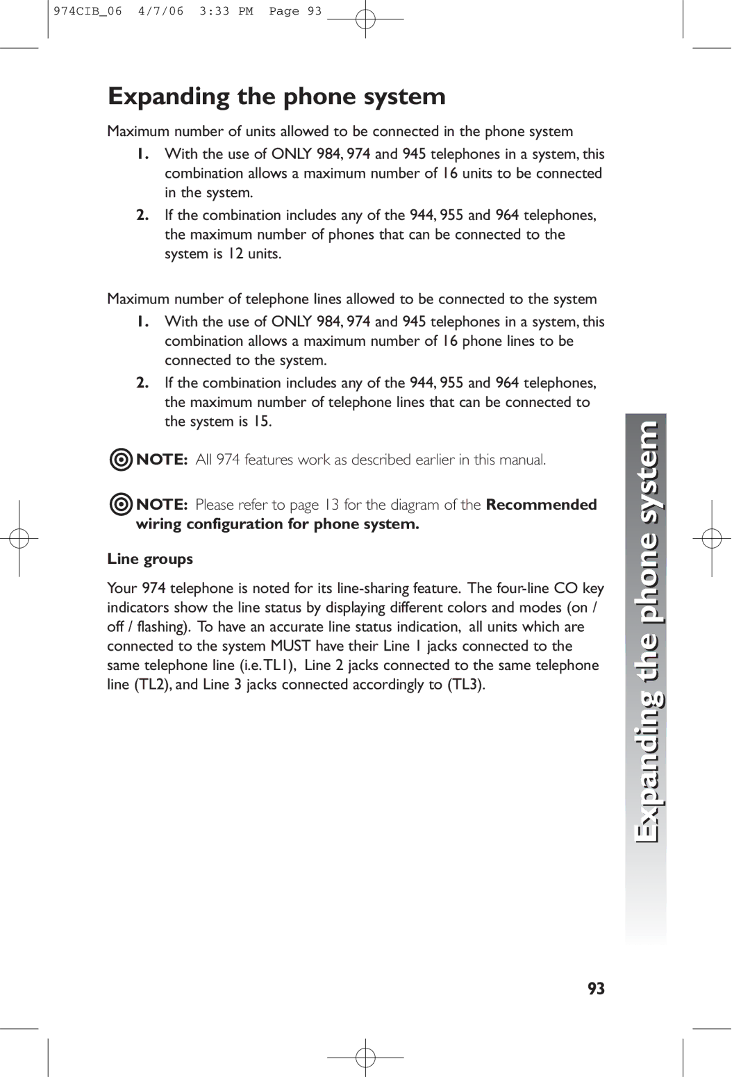 AT&T 974 user manual Expanding the phone system, Line groups 