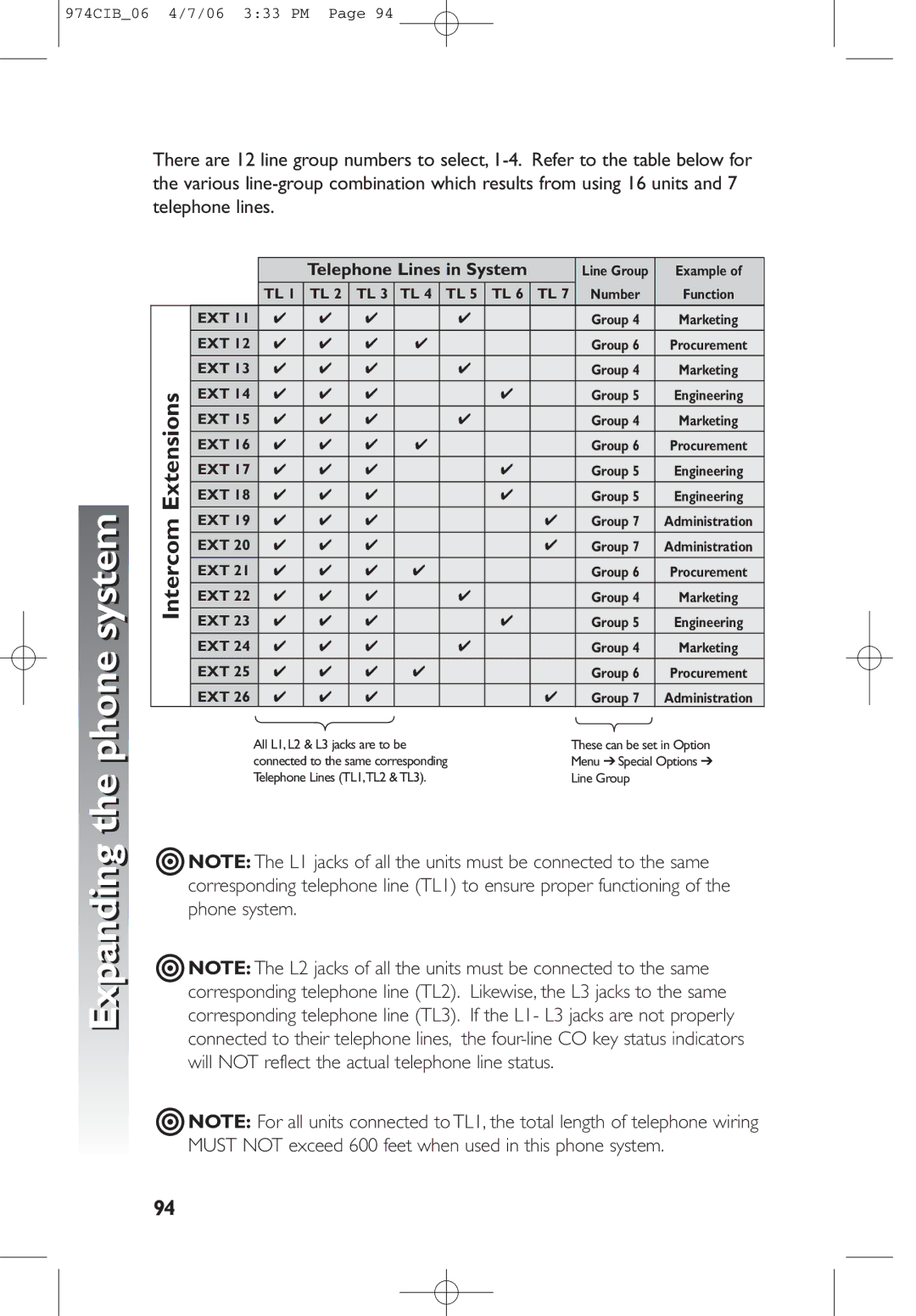 AT&T 974 user manual Telephone Lines in System 