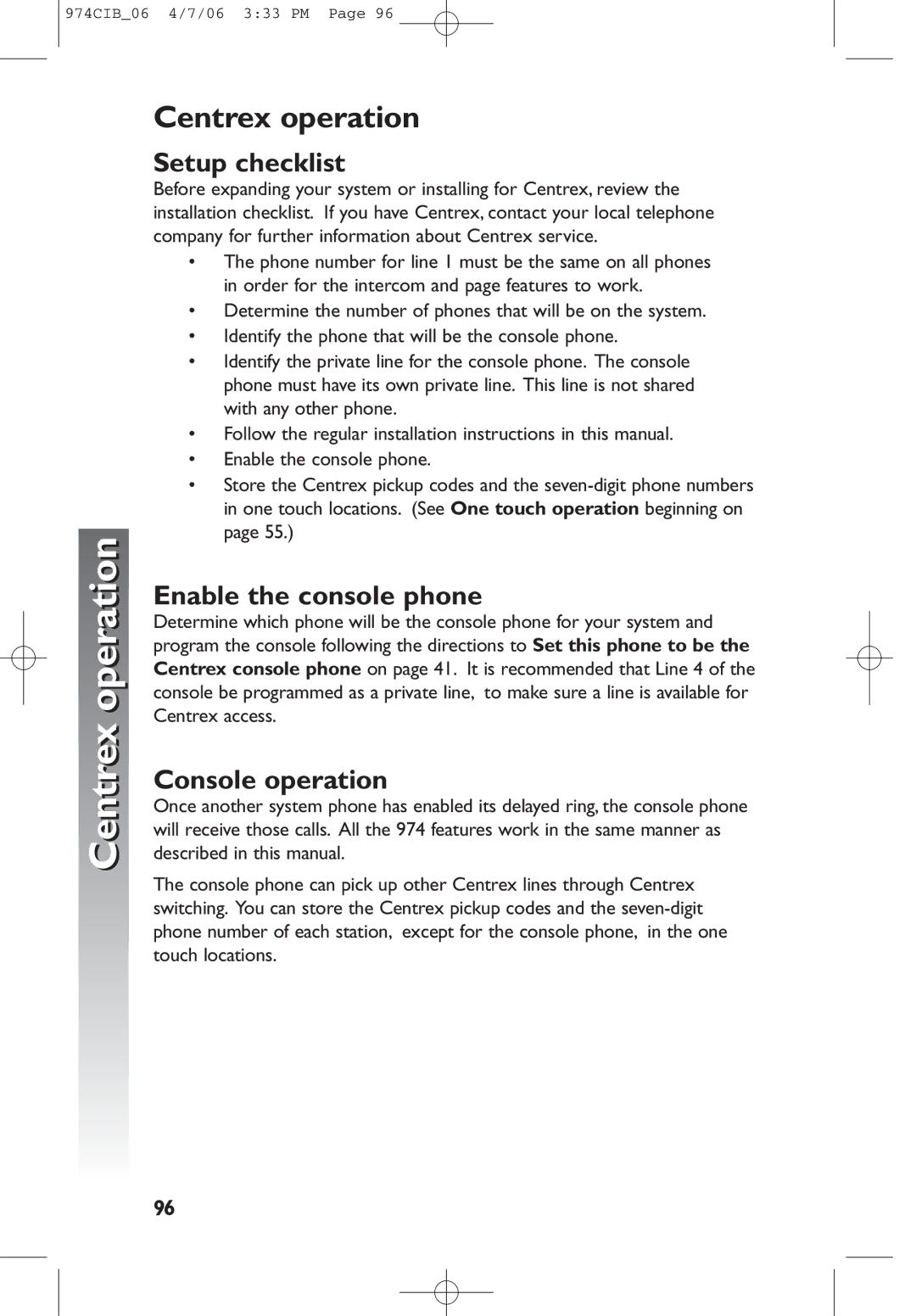 AT&T 974 user manual Centrex operation, Setup checklist, Enable the console phone, Console operation 