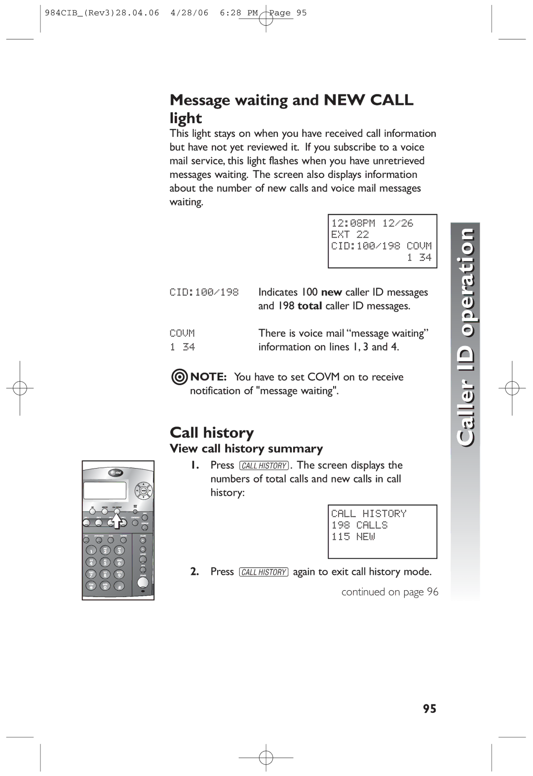 AT&T 984 user manual Message waiting and NEW Call light, Call history, View call history summary 