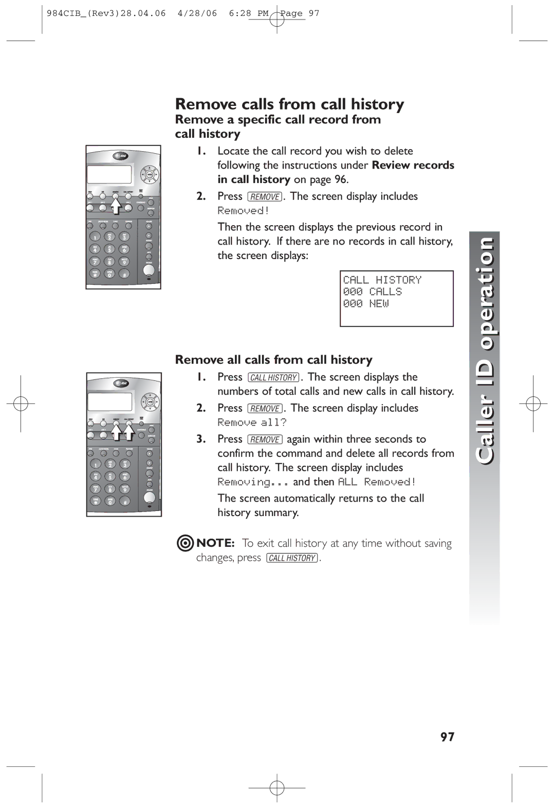 AT&T 984 user manual Remove calls from call history, Remove a specific call record from call history 