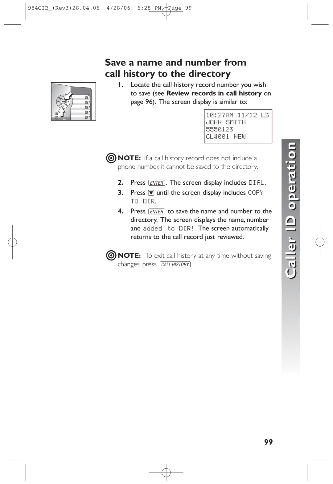 AT&T 984 user manual Save a name and number from call history to the directory 