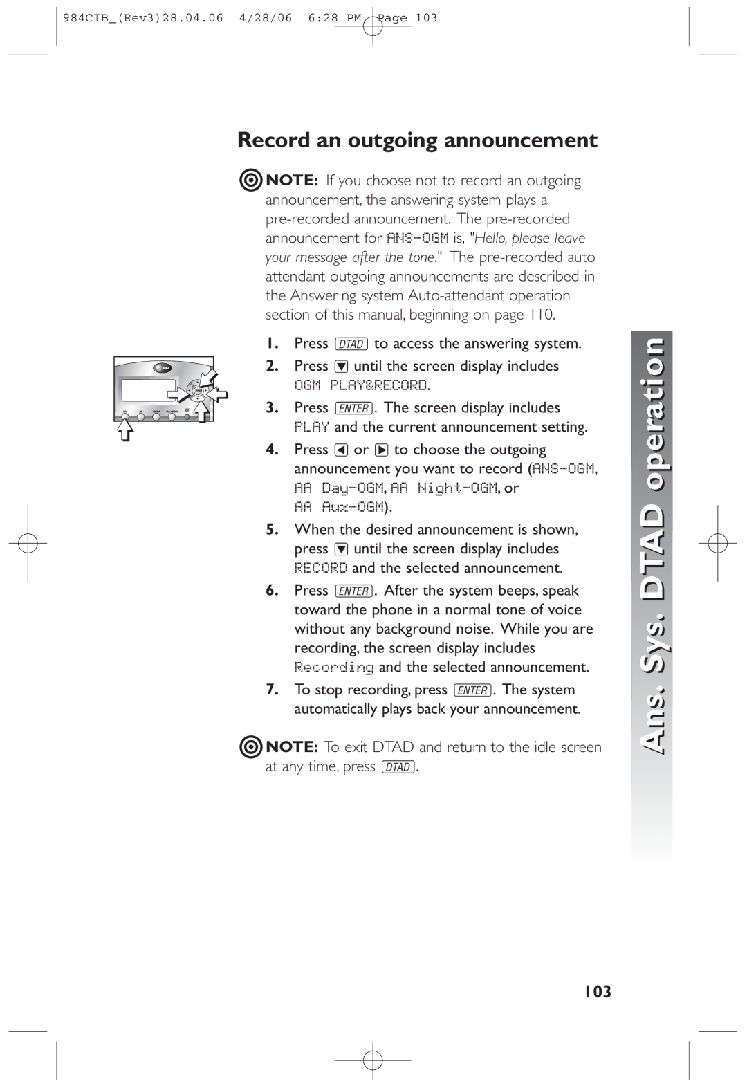 AT&T 984 Record an outgoing announcement, 103, Press dto access the answering system, Press or to choose the outgoing 