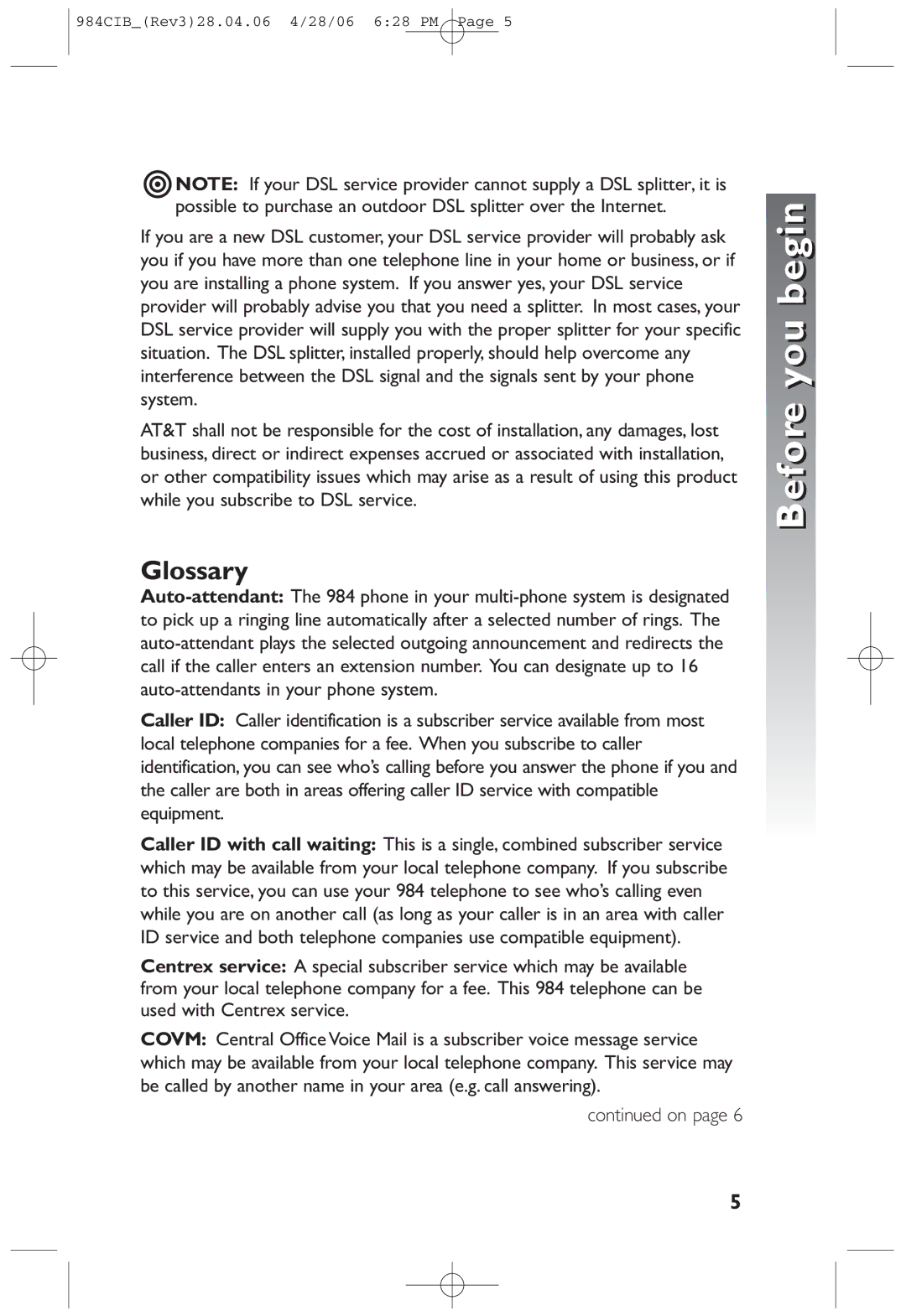 AT&T 984 user manual Glossary 