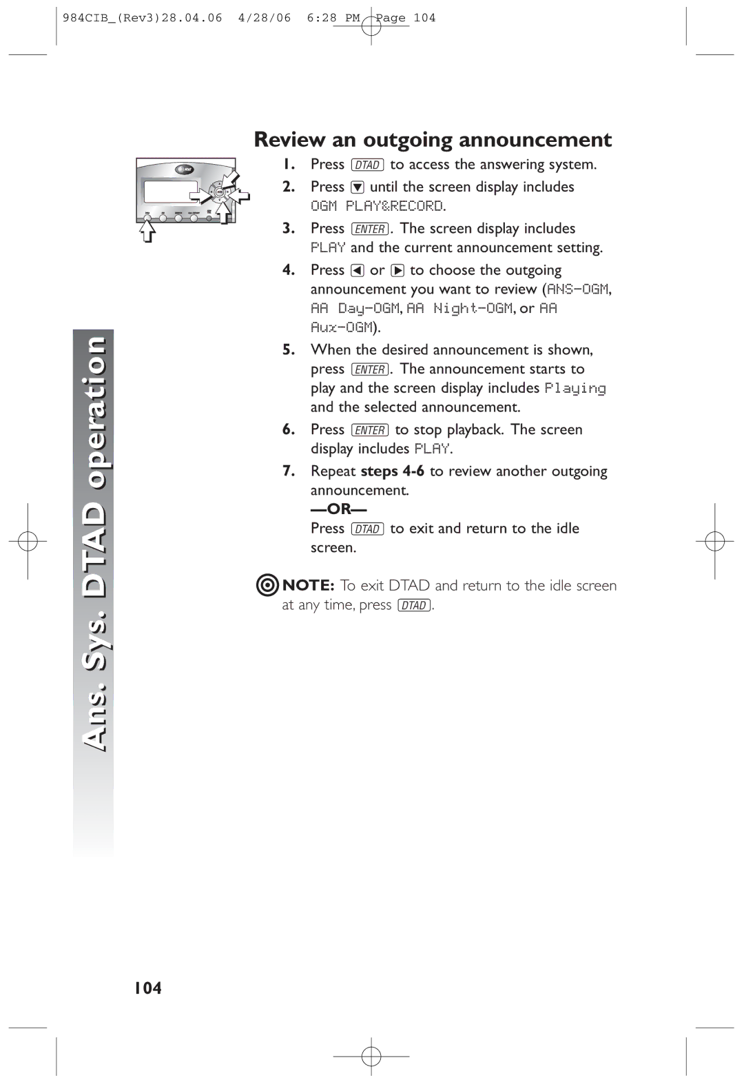 AT&T 984 user manual Review an outgoing announcement, 104 