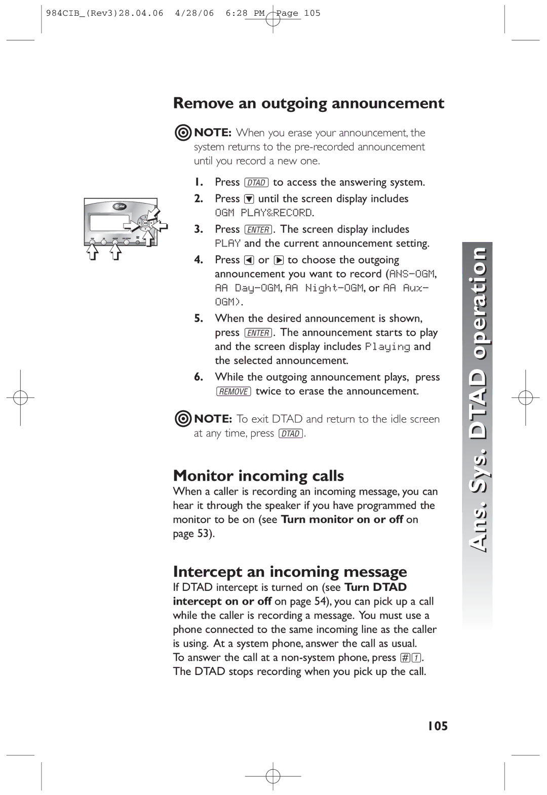 AT&T 984 user manual Monitor incoming calls, Intercept an incoming message, 105 