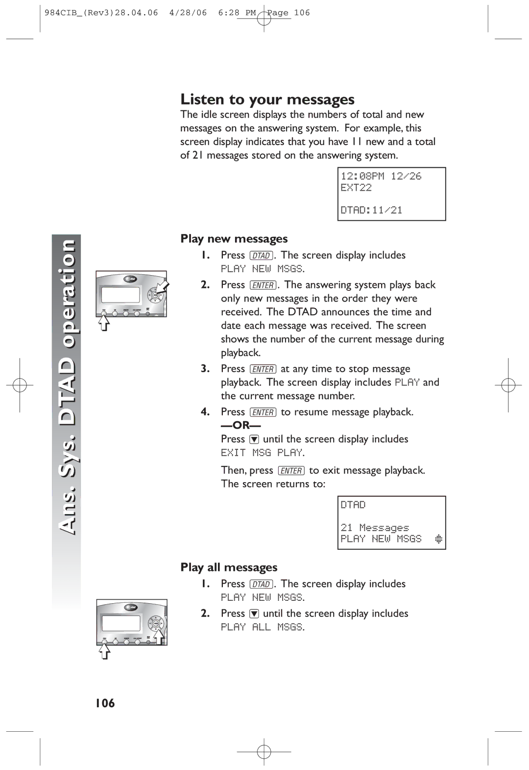 AT&T 984 user manual Listen to your messages, Play new messages, Play all messages, 106 