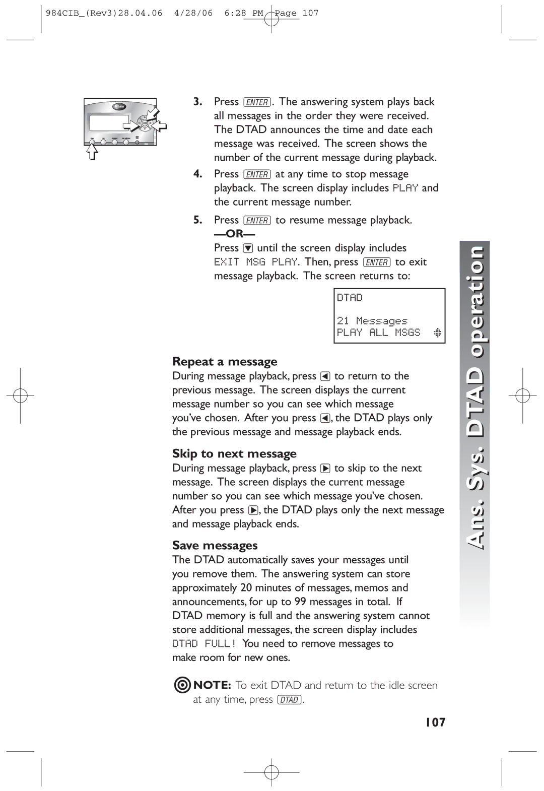 AT&T 984 user manual Repeat a message, Skip to next message, Save messages, 107 