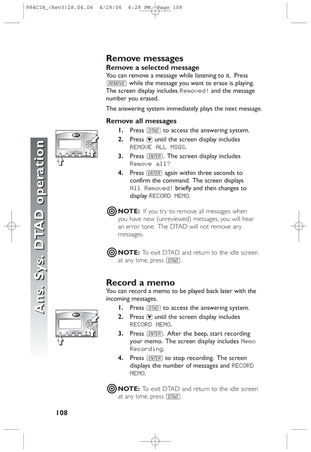 AT&T 984 user manual Remove messages, Record a memo, Remove a selected message, Remove all messages, 108 