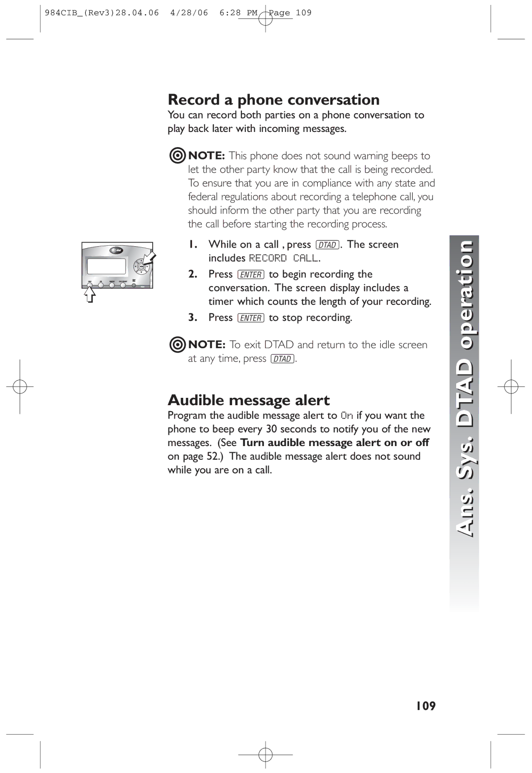 AT&T 984 user manual Record a phone conversation, Audible message alert, 109 