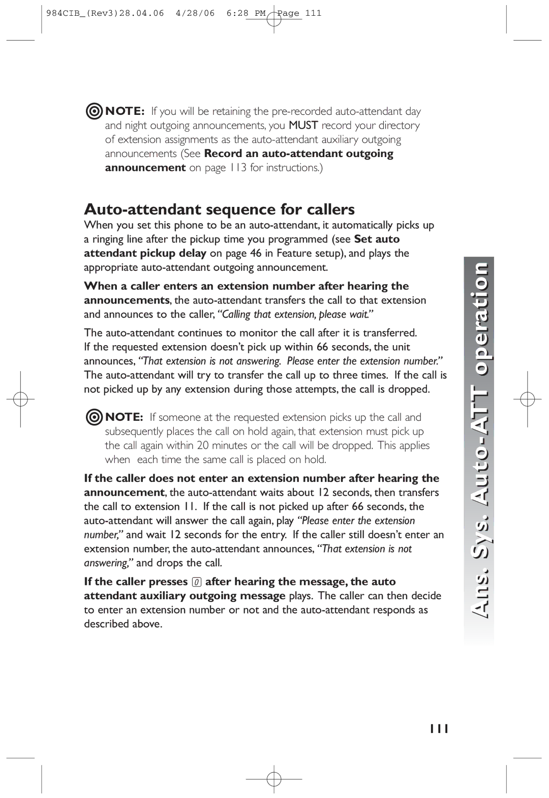 AT&T 984 user manual Auto-attendant sequence for callers, 111, When a caller enters an extension number after hearing 