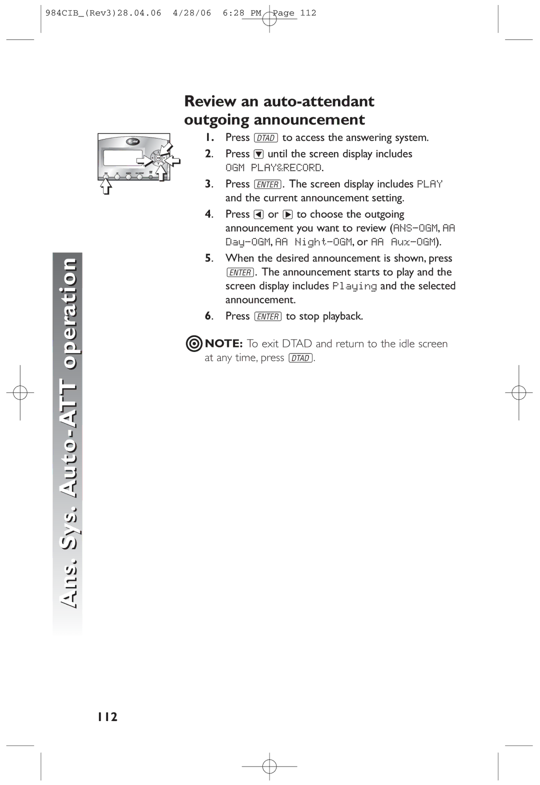 AT&T 984 user manual Review an auto-attendant, Outgoing announcement, 112 