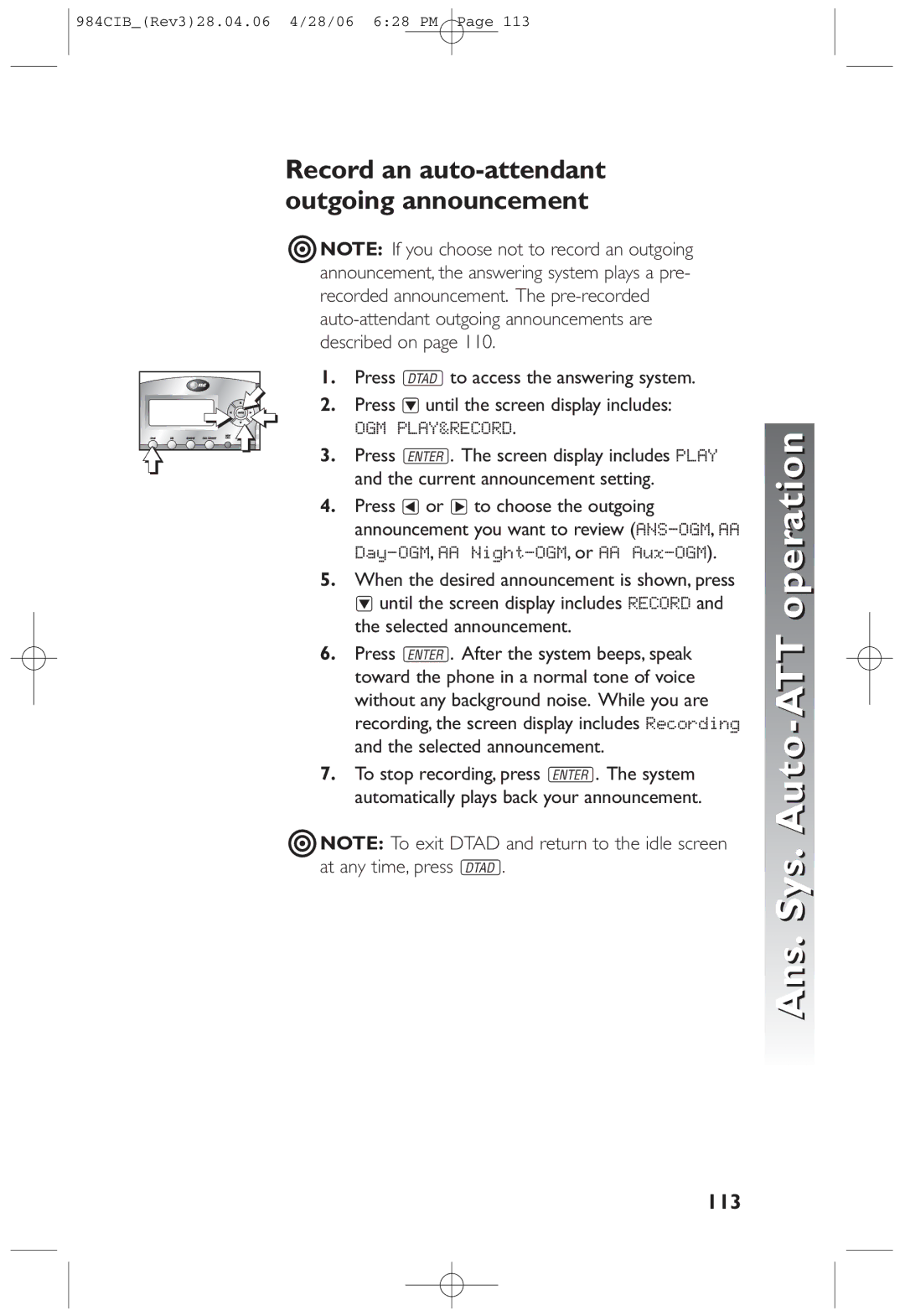 AT&T 984 user manual Sys. Auto-ATT Ans, 113 