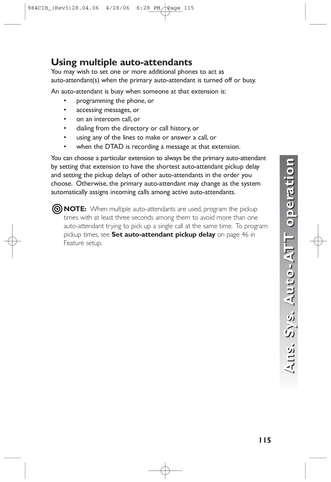 AT&T 984 user manual Using multiple auto-attendants, 115 