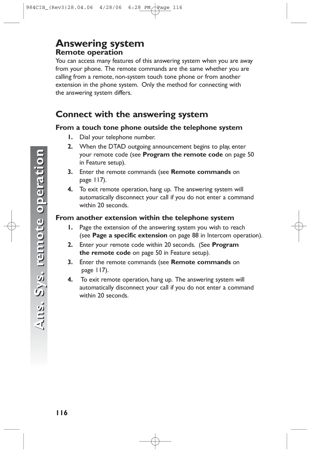 AT&T 984 Ans. Sys. remote operation, Connect with the answering system, From another extension within the telephone system 