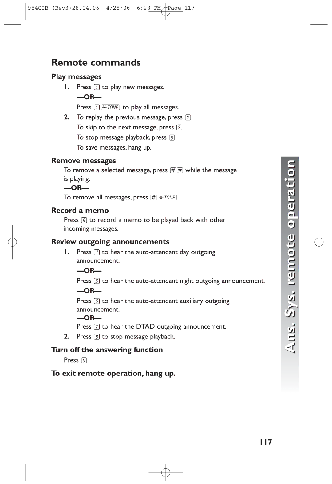 AT&T 984 user manual Remote commands 