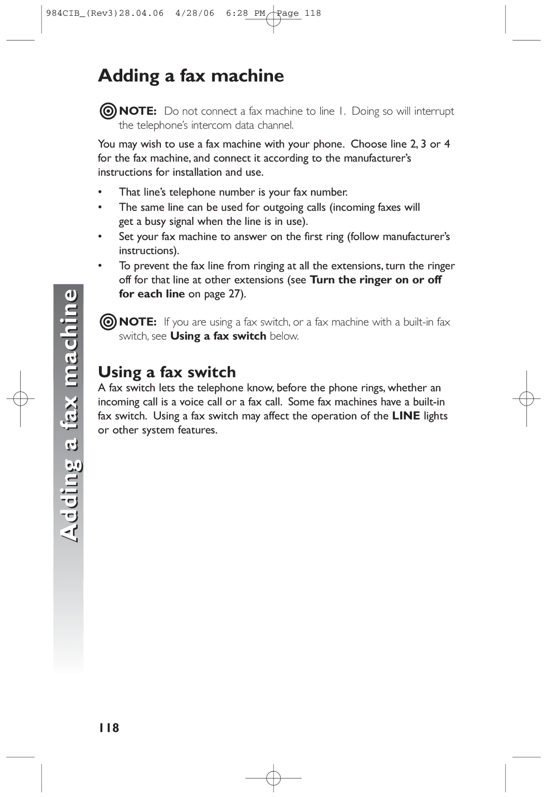 AT&T 984 user manual Adding a fax machine, Using a fax switch, 118 