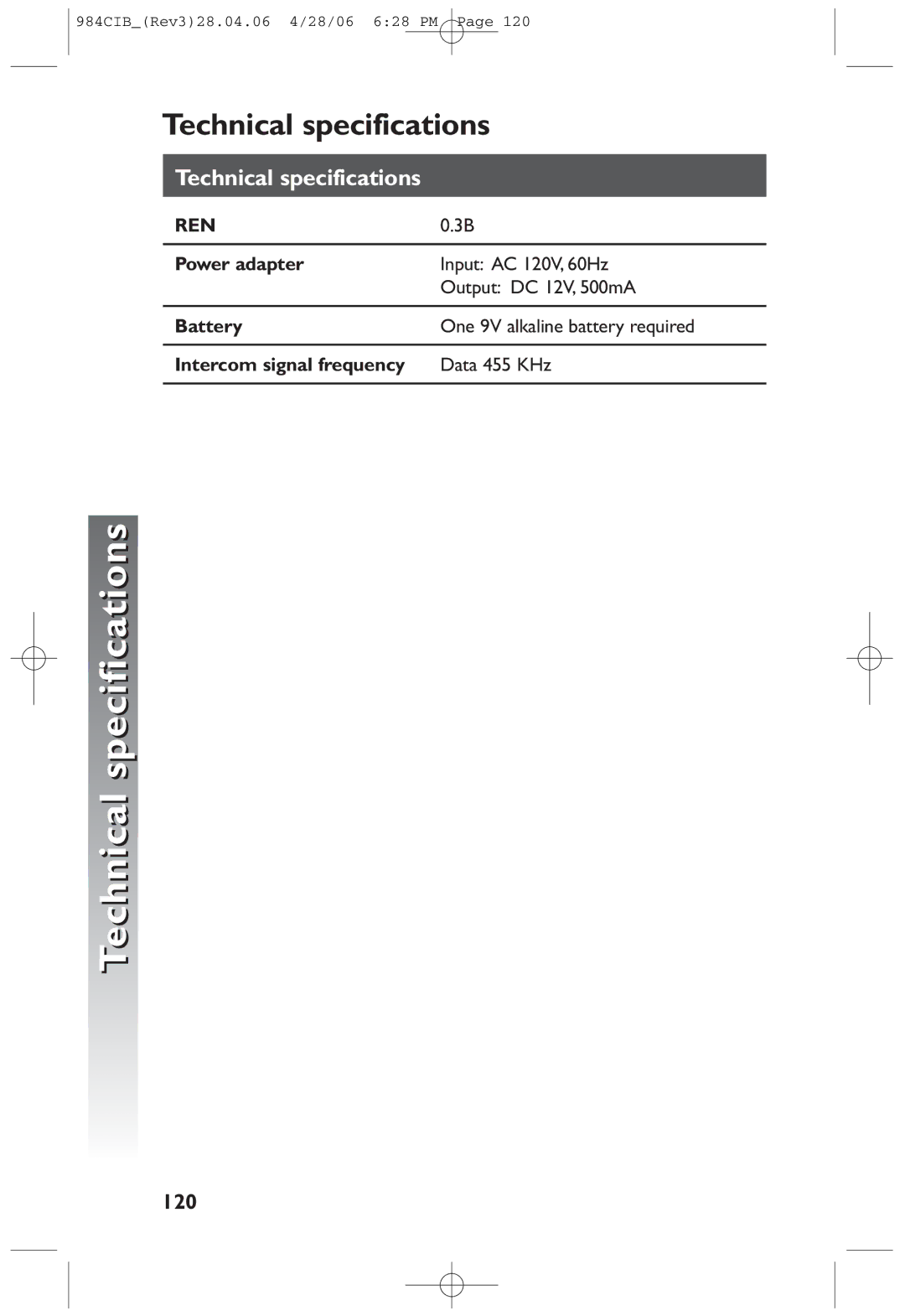 AT&T 984 user manual Technical specifications, 120 