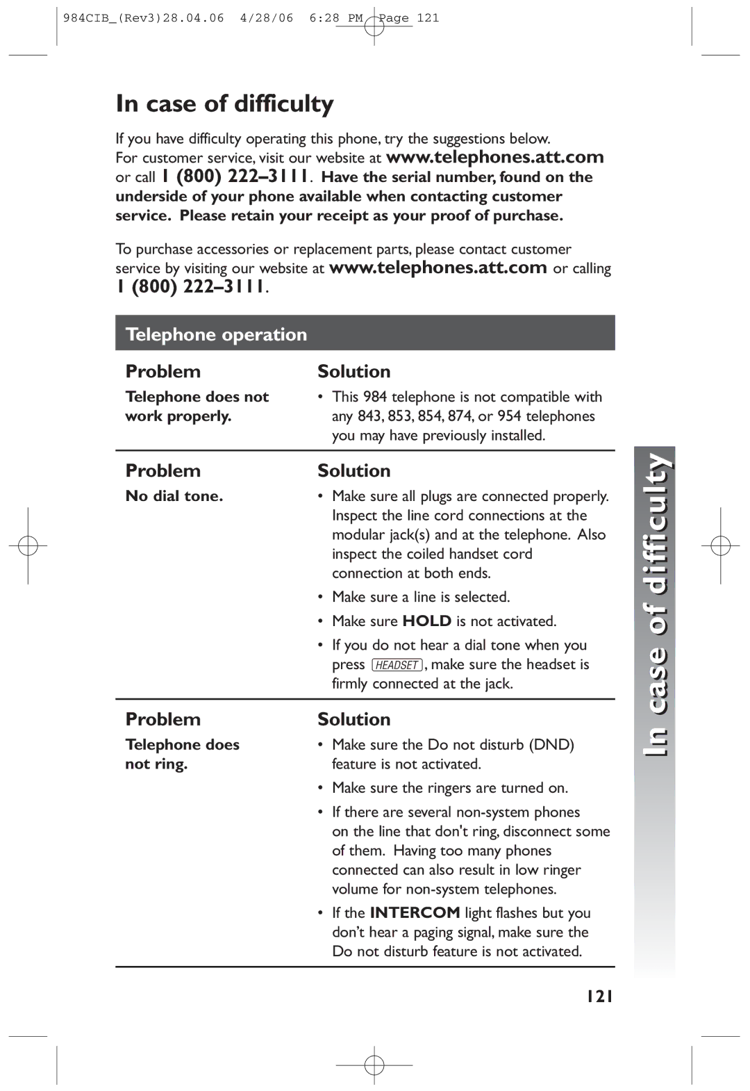 AT&T 984 user manual Case of difficulty, 121 