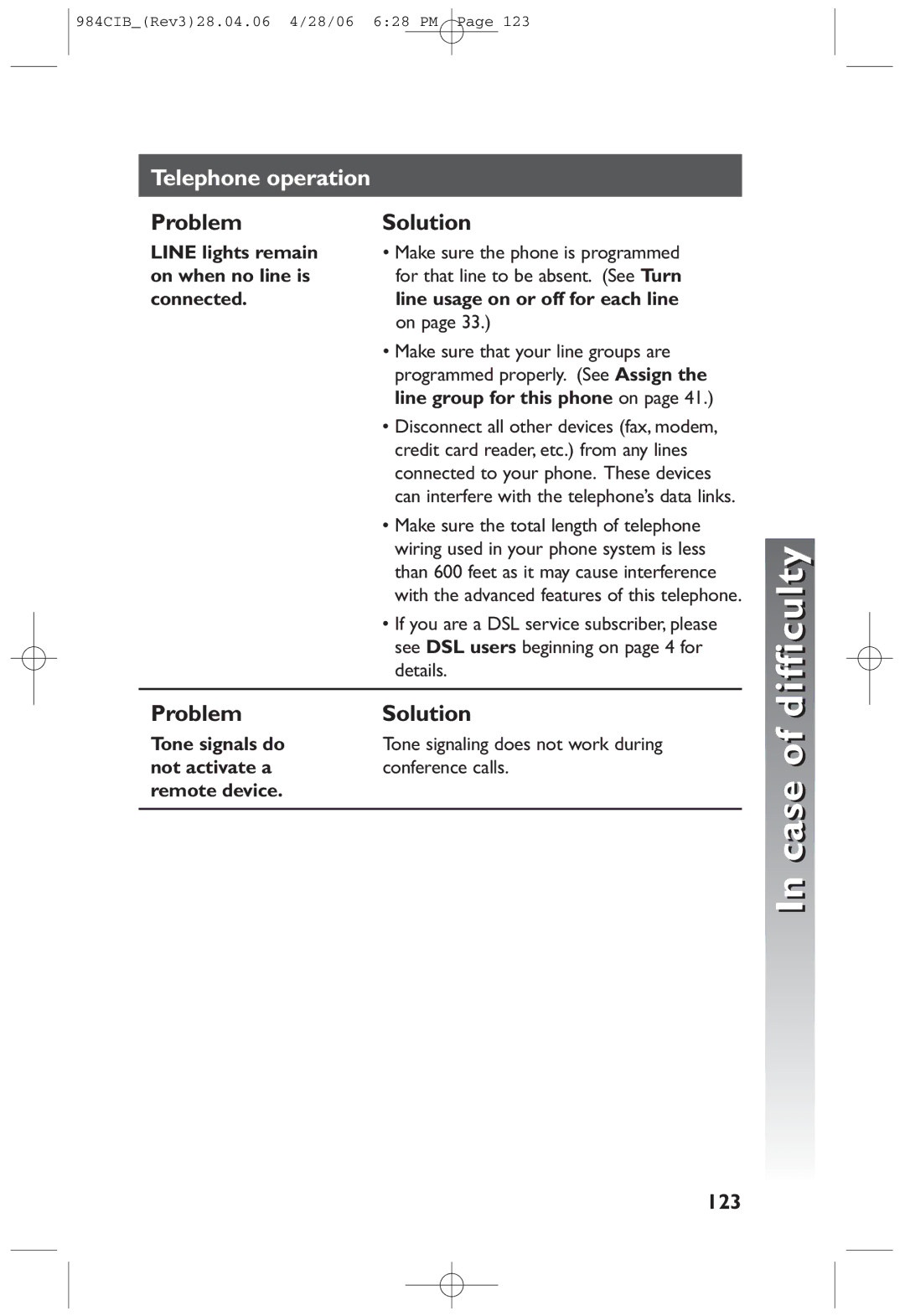 AT&T 984 user manual 123, Line lights remain, On when no line is, Connected Line usage on or off for each line 