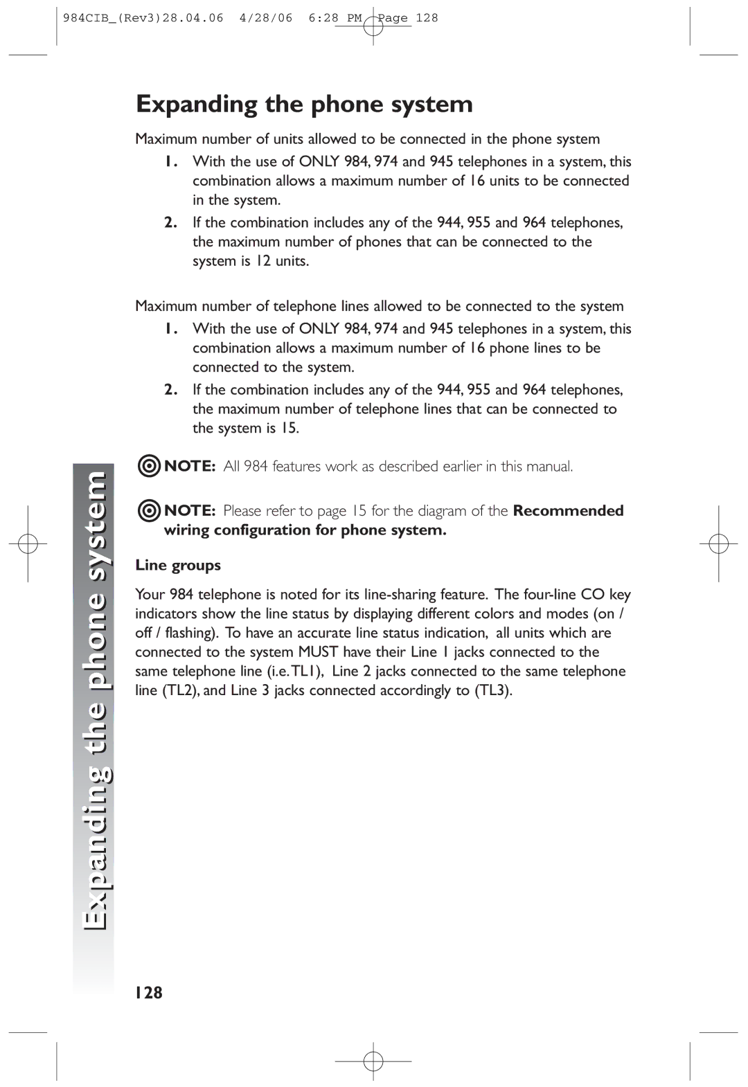 AT&T 984 user manual Expanding the phone system, 128, Line groups 