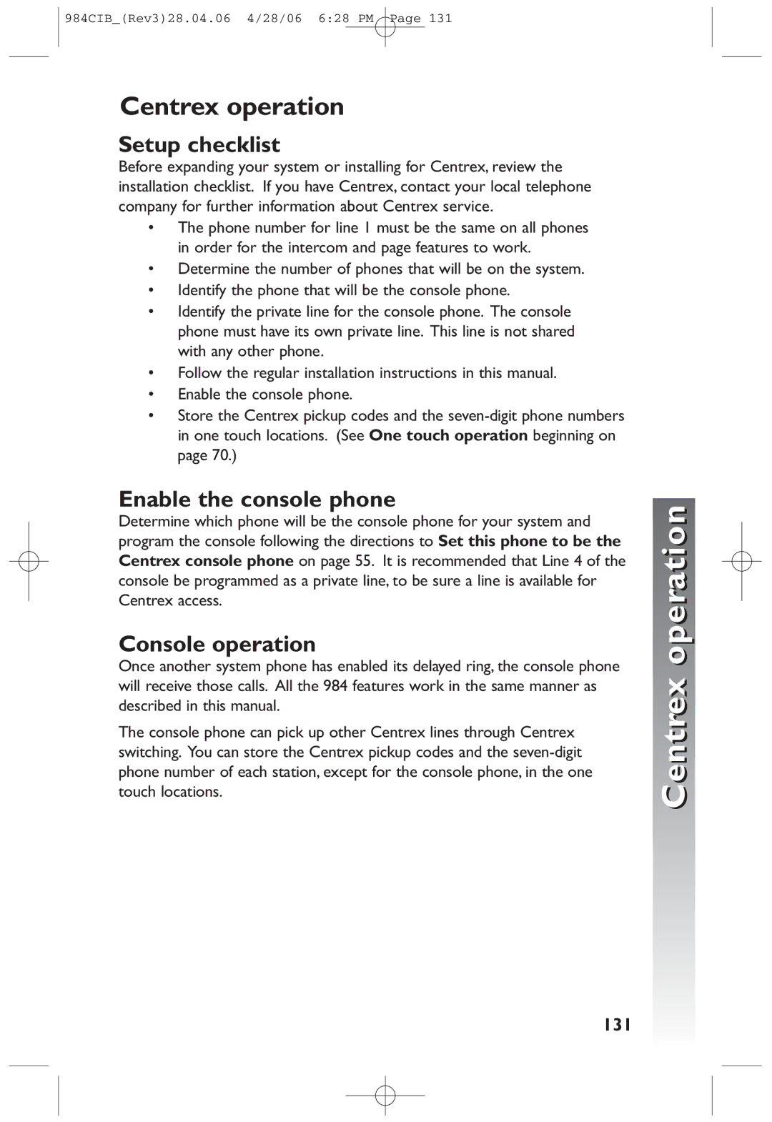 AT&T 984 user manual Centrex operation, Setup checklist, Enable the console phone, Console operation 