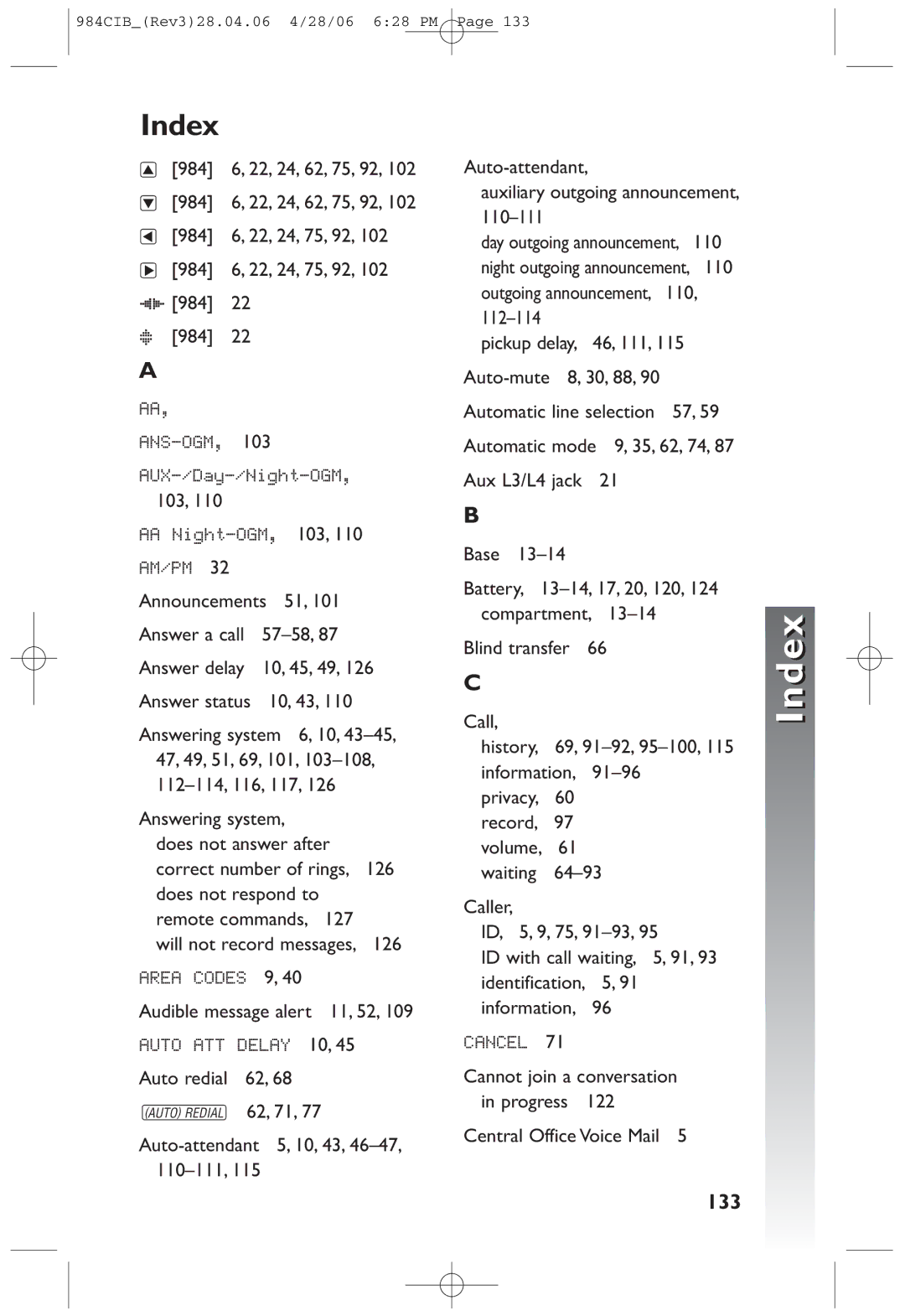 AT&T 984 user manual Index, 133 