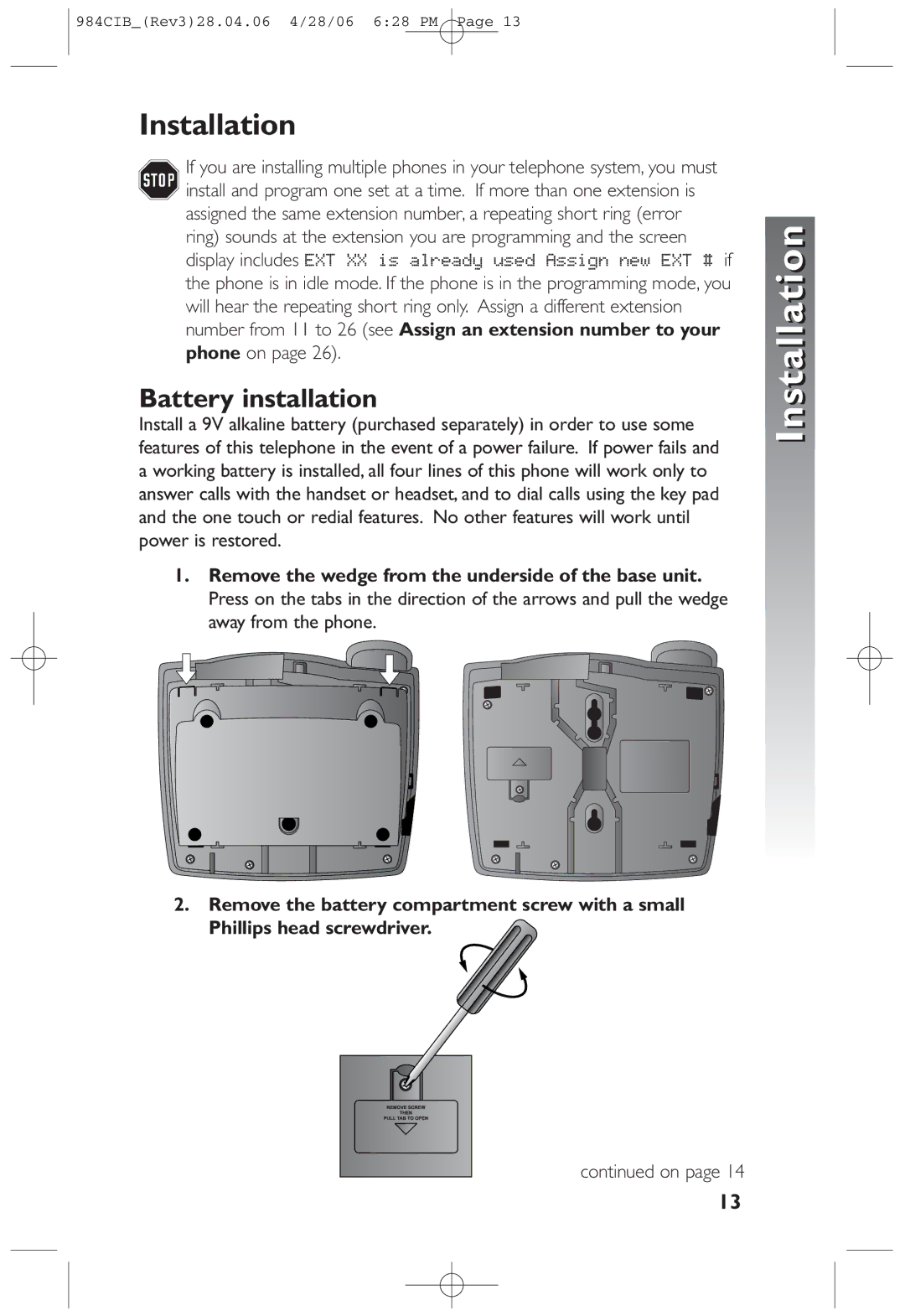 AT&T 984 user manual Installation, Battery installation 