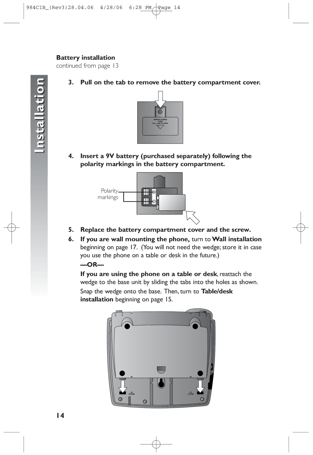 AT&T 984 user manual Battery installation, Replace the battery compartment cover and the screw 