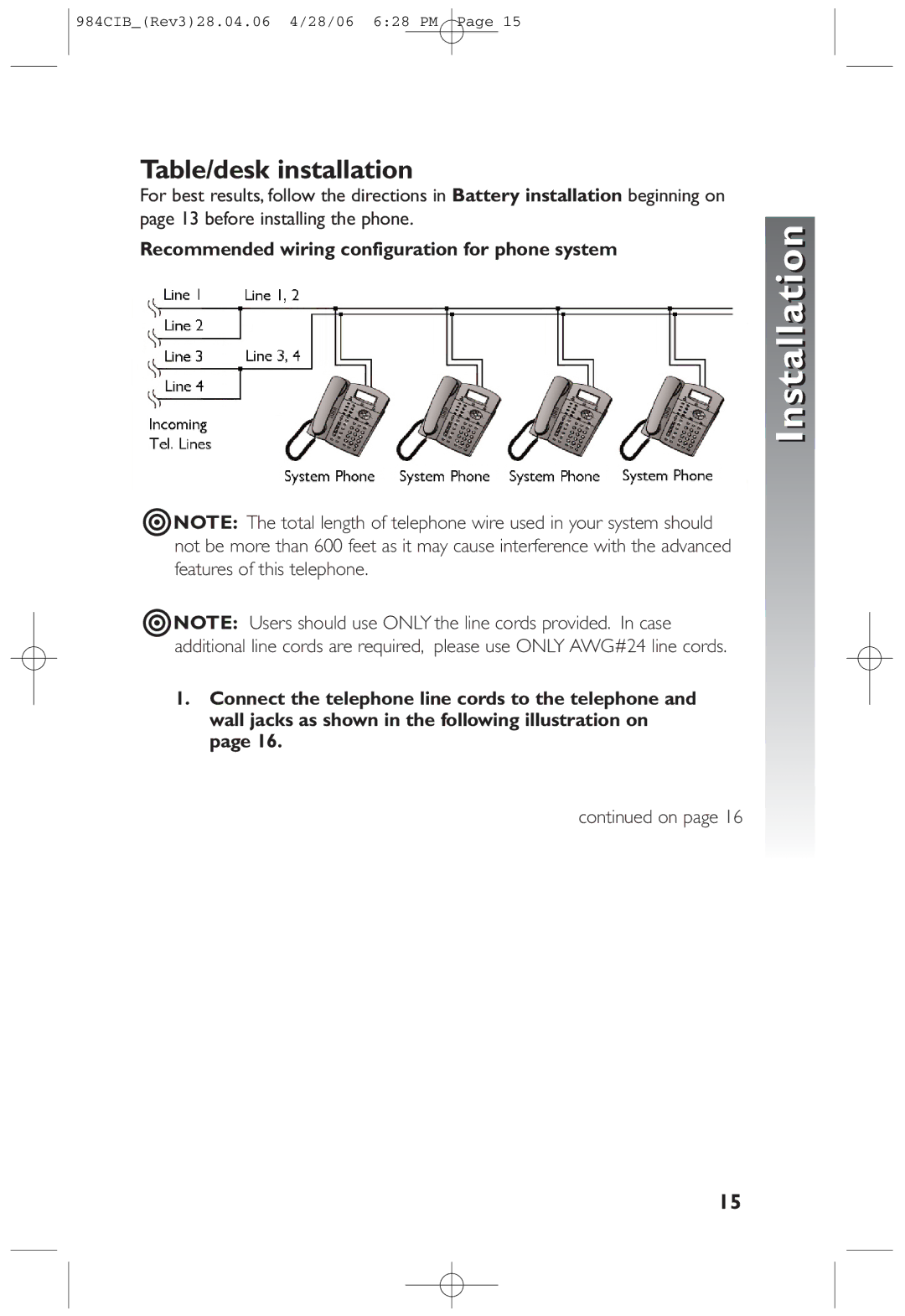 AT&T 984 user manual Table/desk installation 