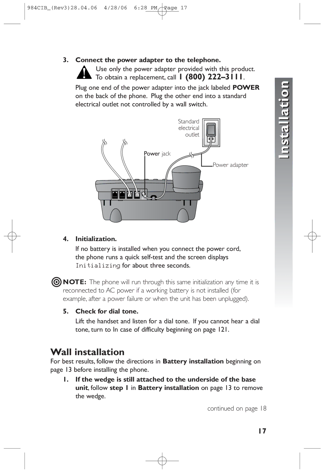 AT&T 984 user manual Wall installation, Connect the power adapter to the telephone, Initialization, Check for dial tone 