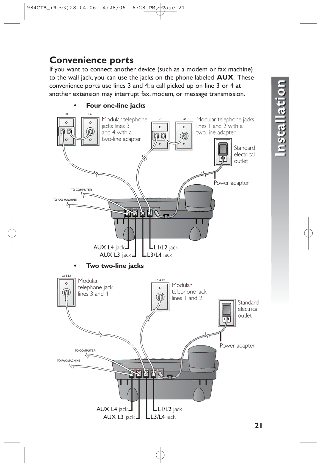 AT&T 984 user manual Convenience ports, Four one-line jacks 