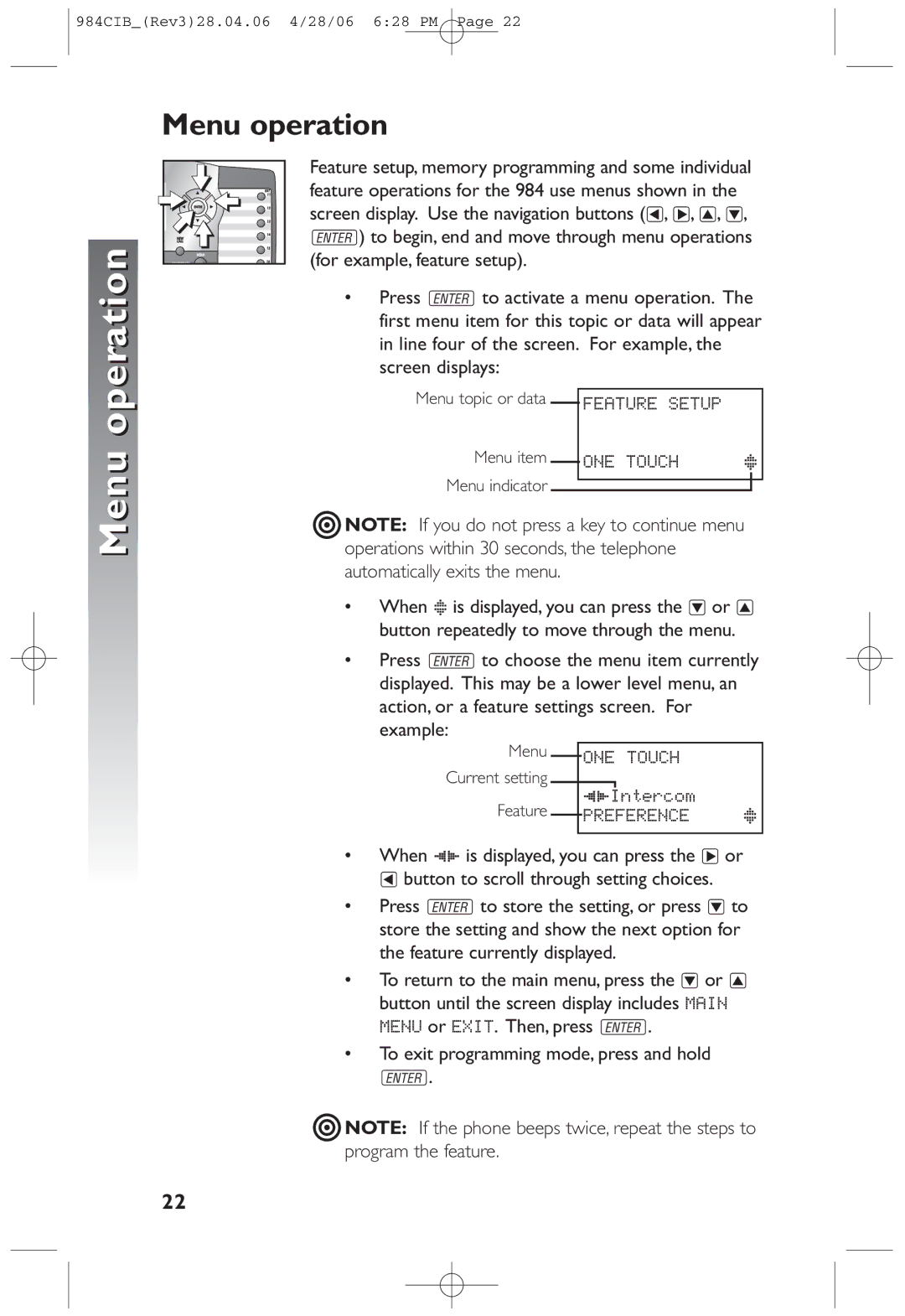 AT&T 984 user manual Kmo ji operationMenu, Menu operation 