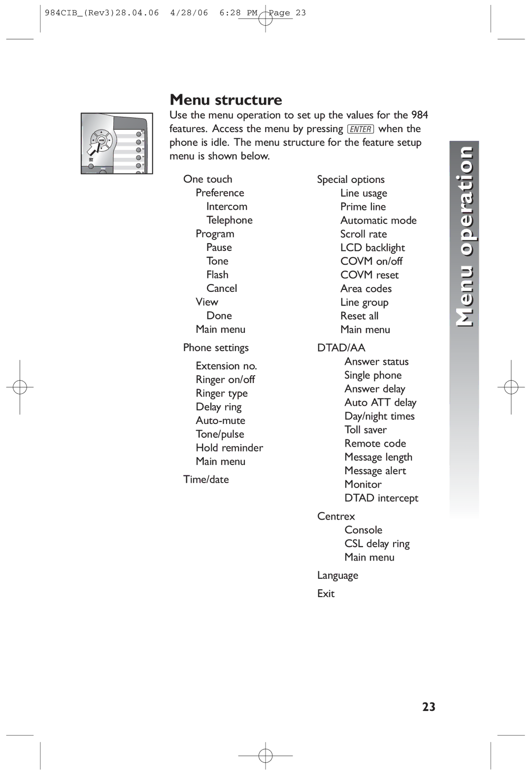 AT&T 984 user manual Menu structure, Intercom Telephone Program Pause Tone Flash Cancel View 