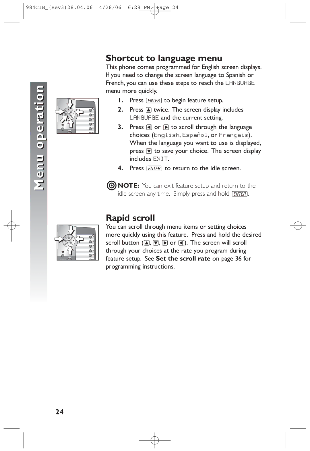 AT&T 984 user manual Menu operation, Shortcut to language menu, Rapid scroll 