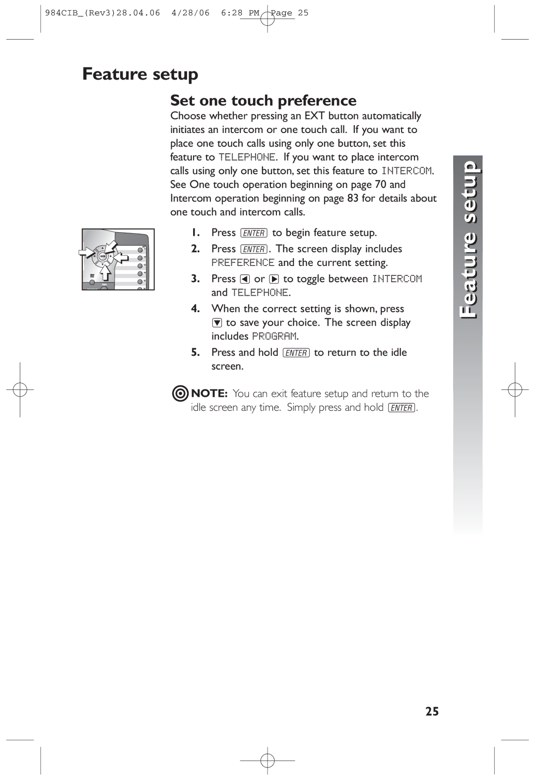 AT&T 984 user manual Feature setup, Set one touch preference 