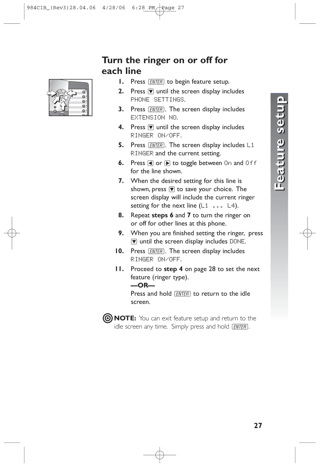 AT&T 984 user manual Turn the ringer on or off for each line, Press -until the screen display includes 