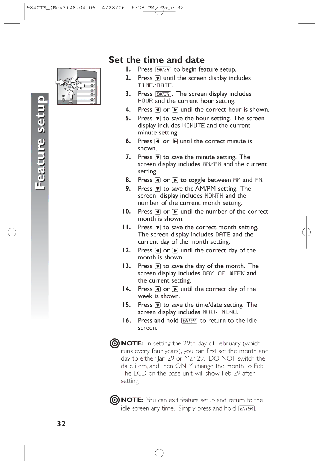 AT&T 984 user manual Set the time and date, Hour and the current hour setting 