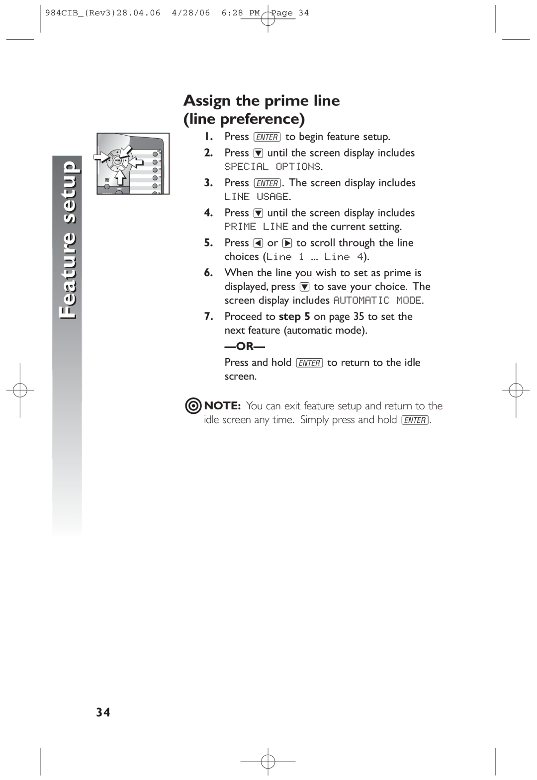 AT&T 984 user manual Assign the prime line line preference, Press or to scroll through the line choices Lineh1h...hLine 