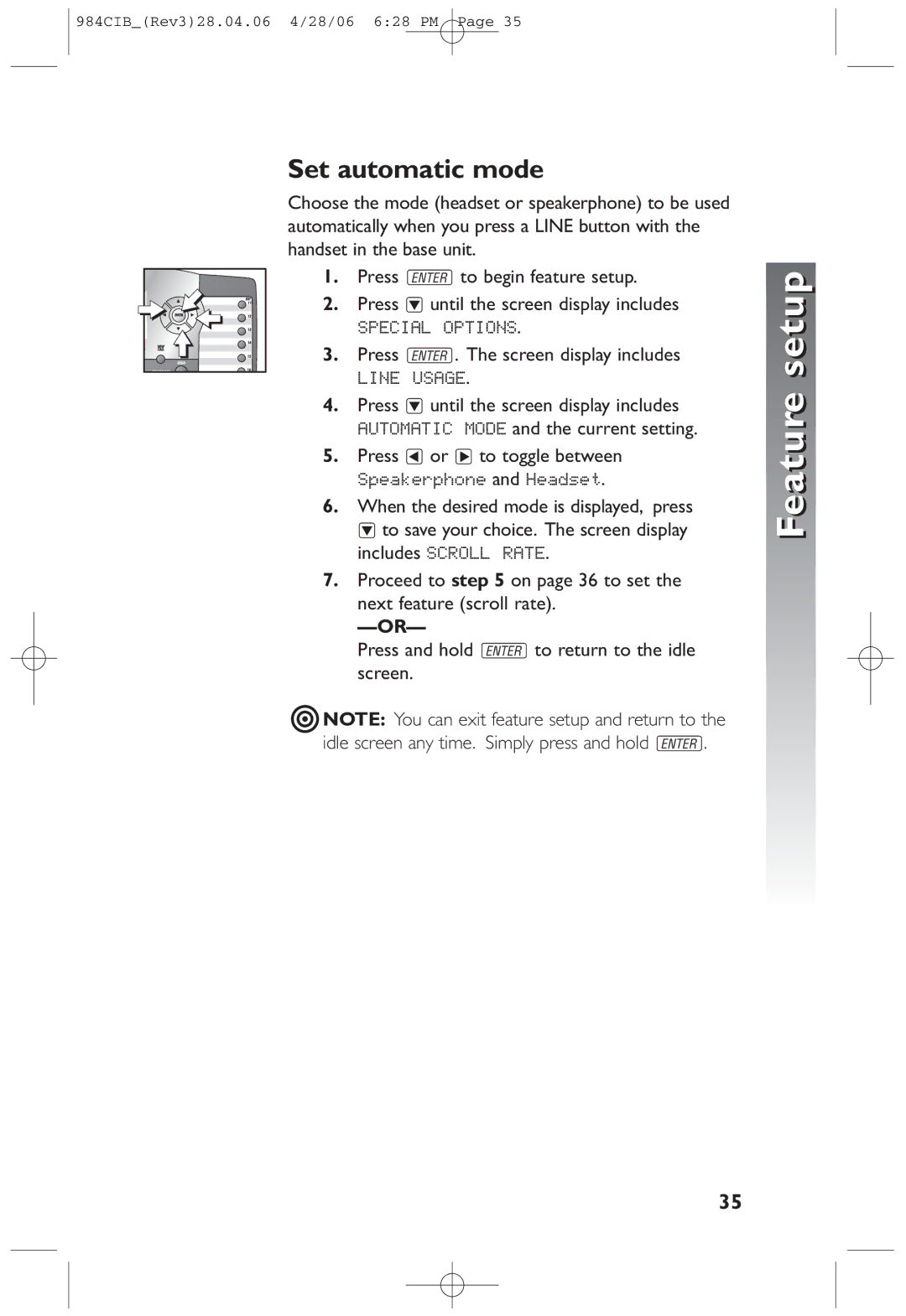 AT&T 984 user manual Set automatic mode, Press or to toggle between 