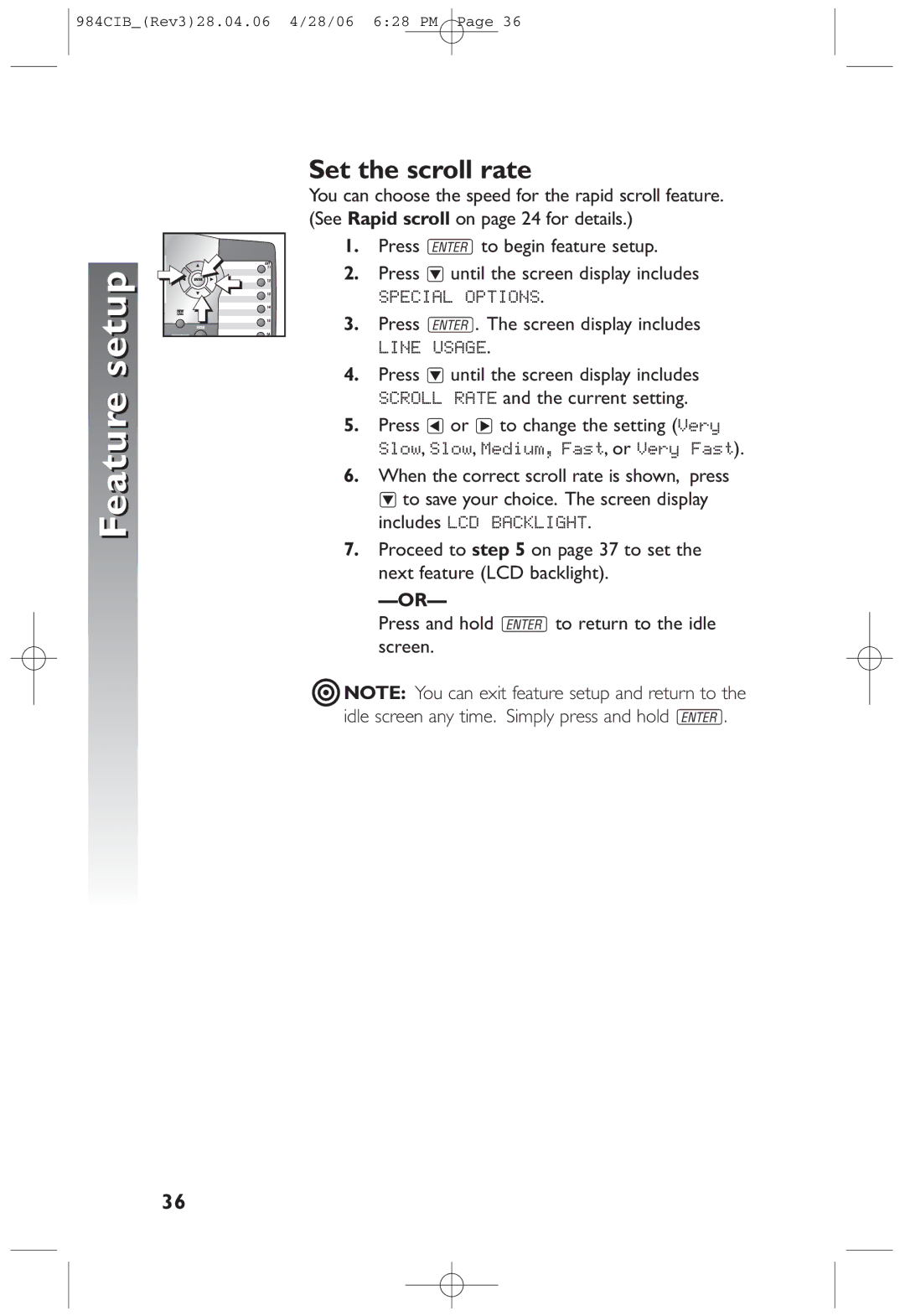 AT&T 984 user manual Set the scroll rate, See Rapid scroll on page 24 for details 