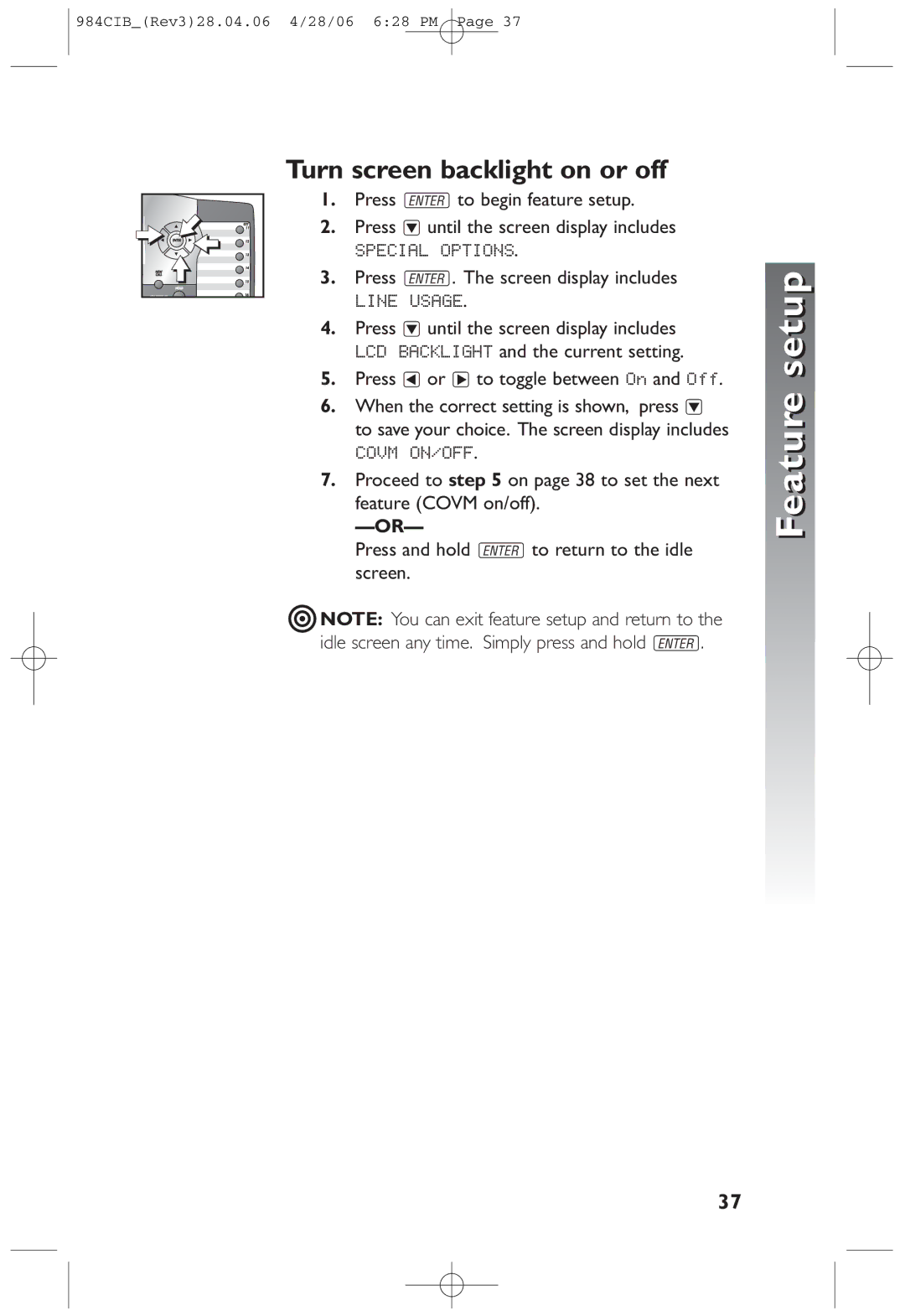 AT&T 984 user manual Turn screen backlight on or off, Press or to toggle between On and Off 