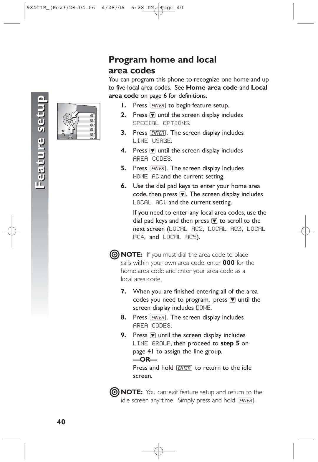 AT&T 984 user manual Program home and local area codes 