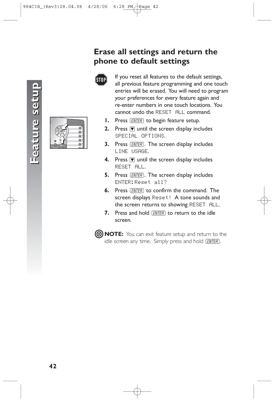 AT&T 984 user manual Erase all settings and return the phone to default settings 